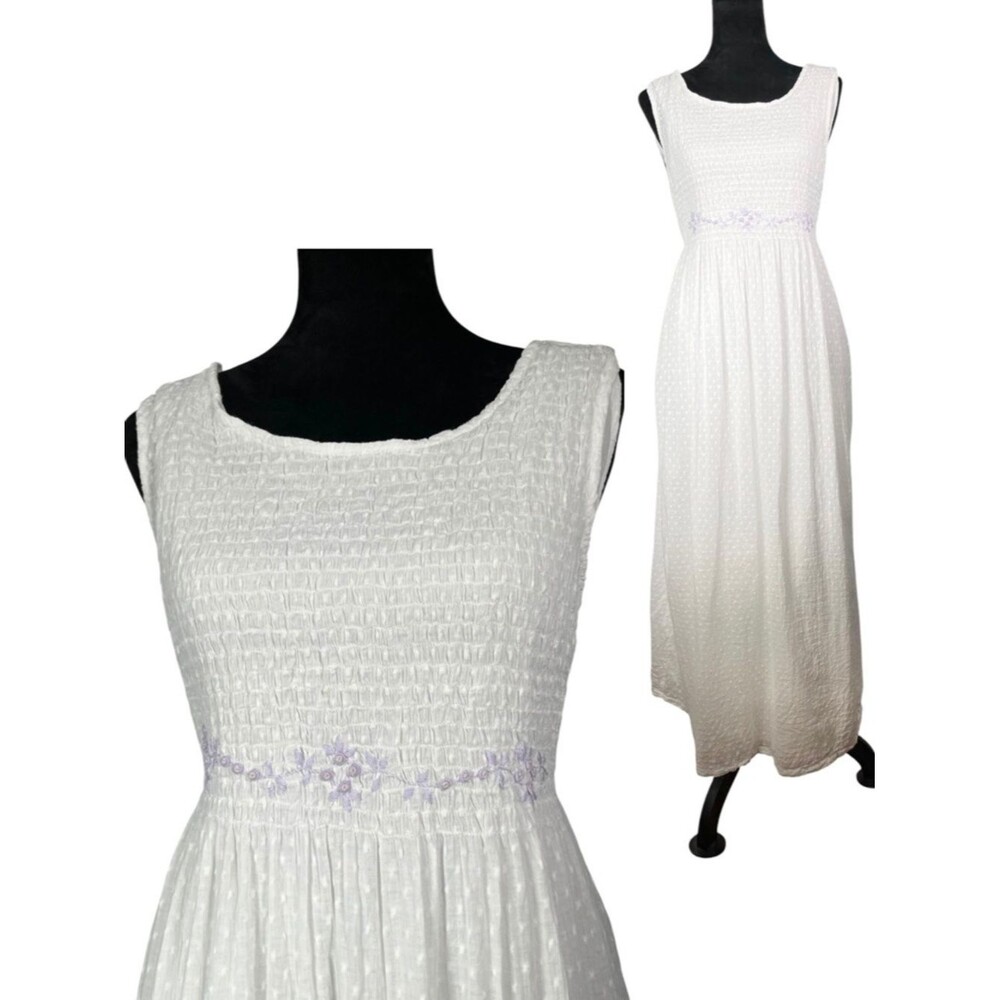 Pudding Shop White Maxi Dress Prairie Boho Long Floral Embroidered Cottagecore